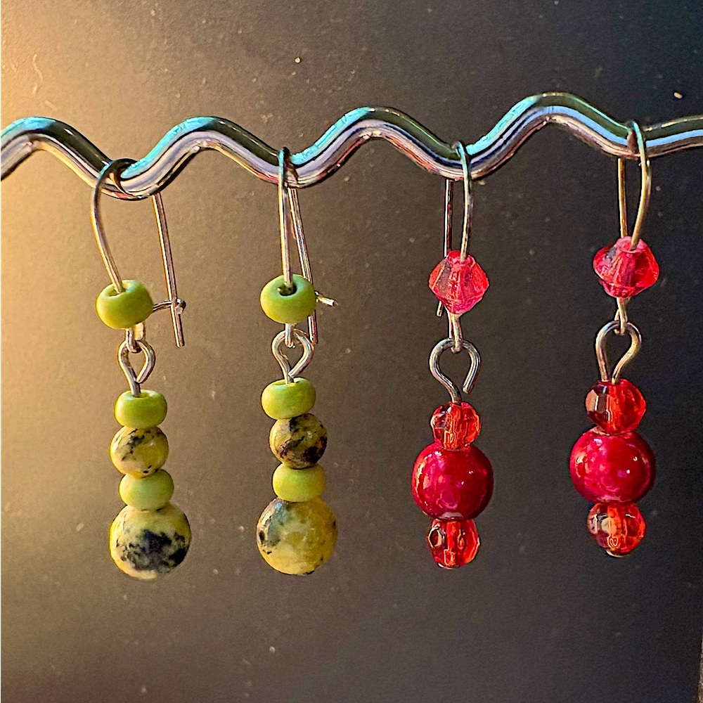 Handcrafted Earrings Pierced 5 Green/Black Beads & Red Faceted Glass Beads
